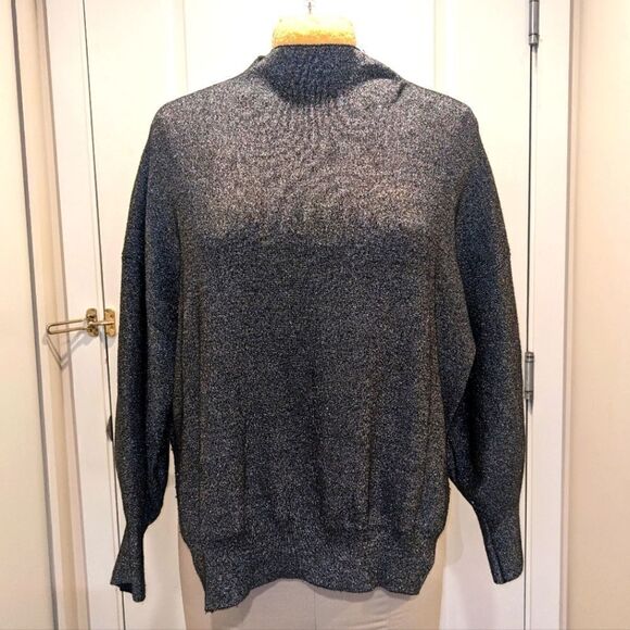 $5 Item! H&M L Sparkly Silver Mock Neck Stretch Knit Slit Side Sweater - Picture 1 of 8